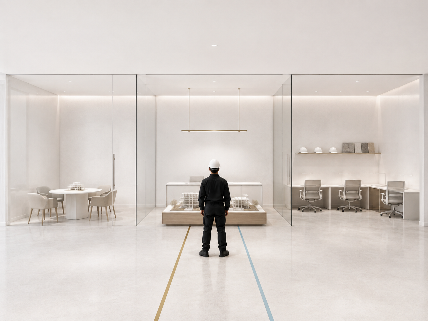 Kallisto Territory Office workspace with a client meeting area, project model and provider workstations