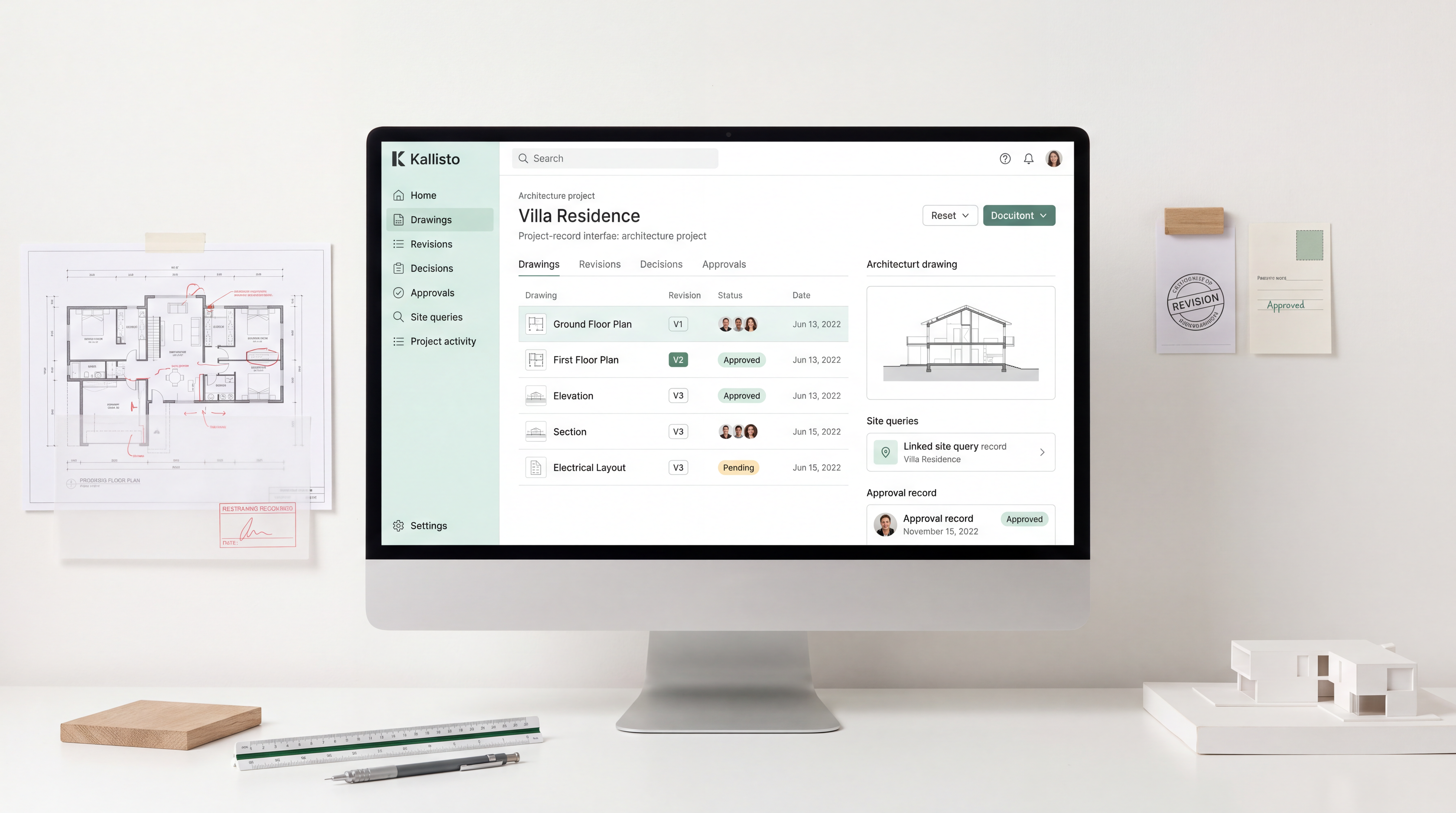 Kallisto project record showing versioned architectural drawings, approvals and linked site queries