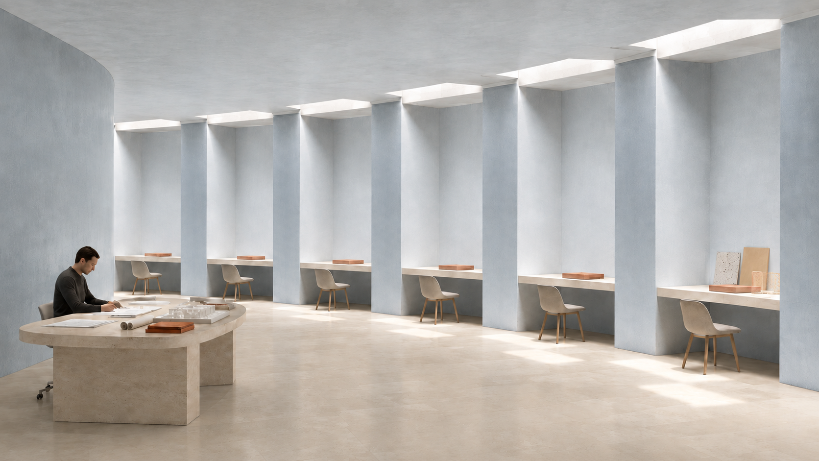 Blue architectural studio with a sequence of review stations awaiting client responses