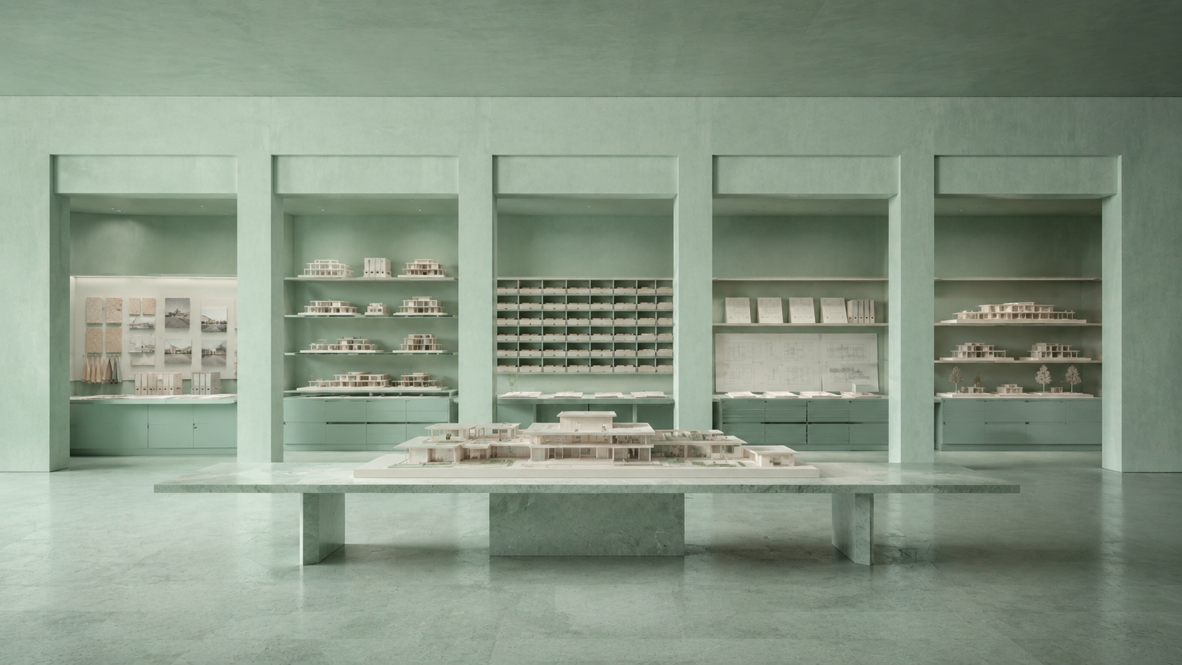 Mint architectural practice studio displaying project models, drawings and material records