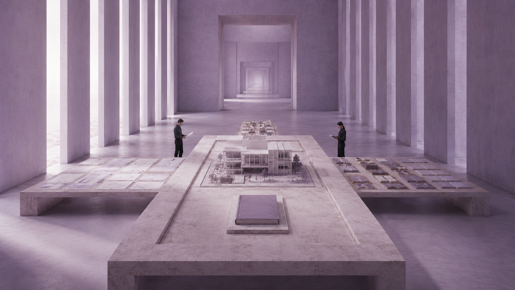Lavender architectural studio where two team members review drawings around a shared building model