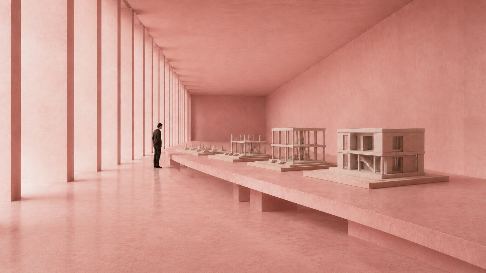 Pink architectural gallery showing a building model progressing through tracked construction stages
